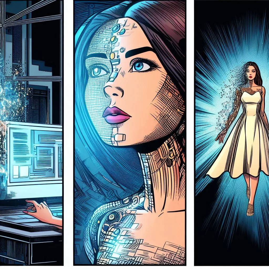 October 2023 comic study — three panels: a hand at a terminal, a circuit-skinned face looking up, and a woman in a white dress stepping out of the light