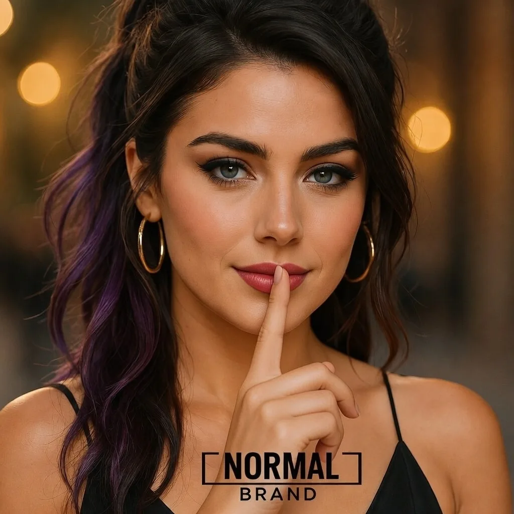 NORMAL Brand pose study, take one — shh finger to lips, grey-green eyes, no glasses