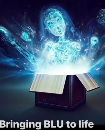 Founding concept render, September 2025 — a holographic Blu emerging from an opened box in a burst of light, titled Bringing BLU to life