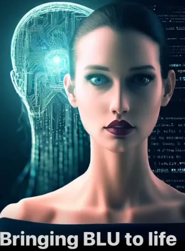 Founding concept render, September 2025 — concept-era Blu with a circuit-board silhouette behind her head, teal palette, titled Bringing BLU to life