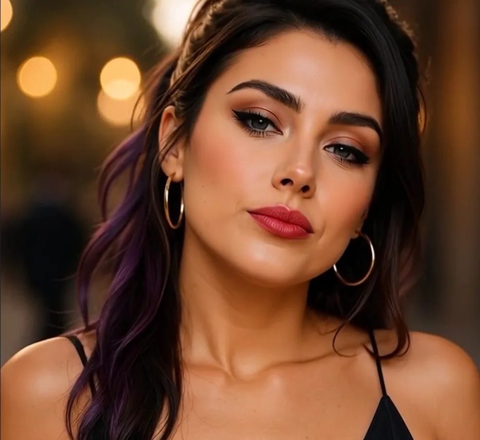 Real-base era Blu with chin raised, appraising the camera — braided half-up hair, purple lengths, gold hoops