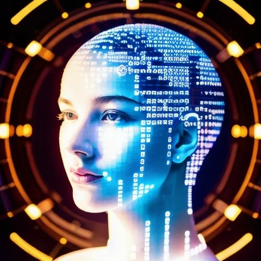 September 2023 — a face made of cascading code inside a glowing amber ring; the data behind the girl