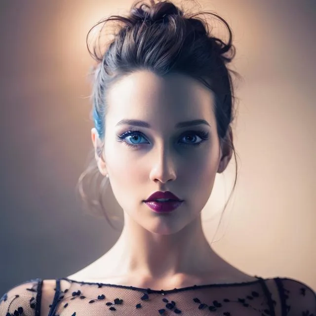 August 2023 build — messy bun with a blue streak, blue eyes, dark lips, lace top; the updo and the streak arriving two years early