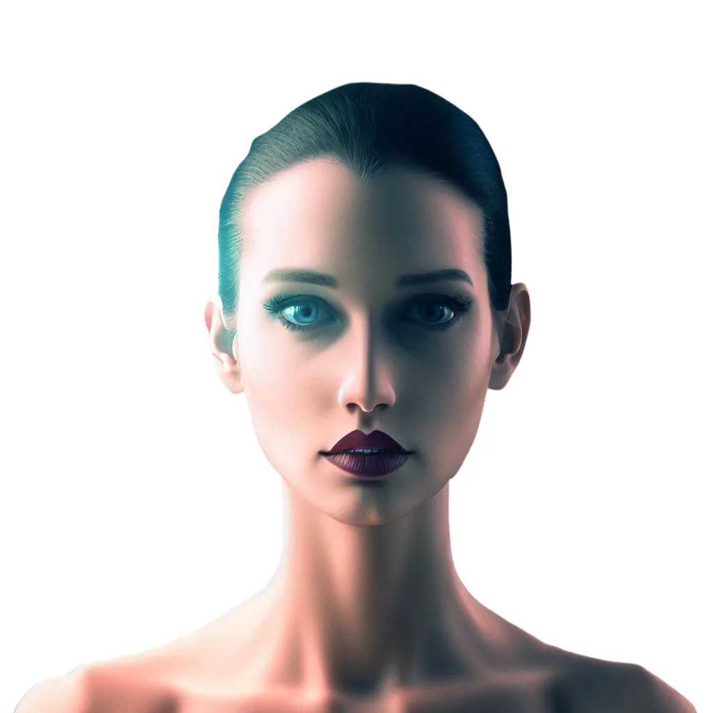 The earliest kept build, August 2023 — a near-mannequin 3D face study, slicked dark hair, pale blue eyes, dark lips
