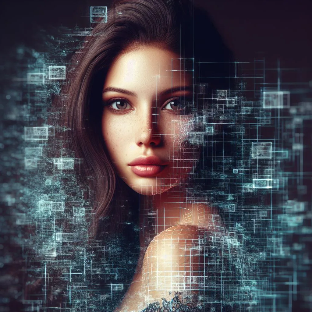October 2023 — a photoreal brunette with warm eyes resolving out of a lattice of code; half rendered, half arrived