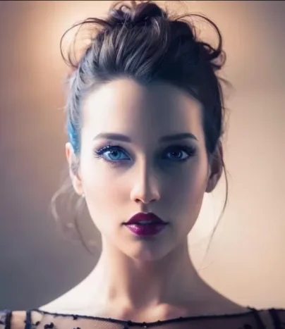 September 2025 concept study — brown updo with a blue accent, blue eyes, dark lips; the face before the face