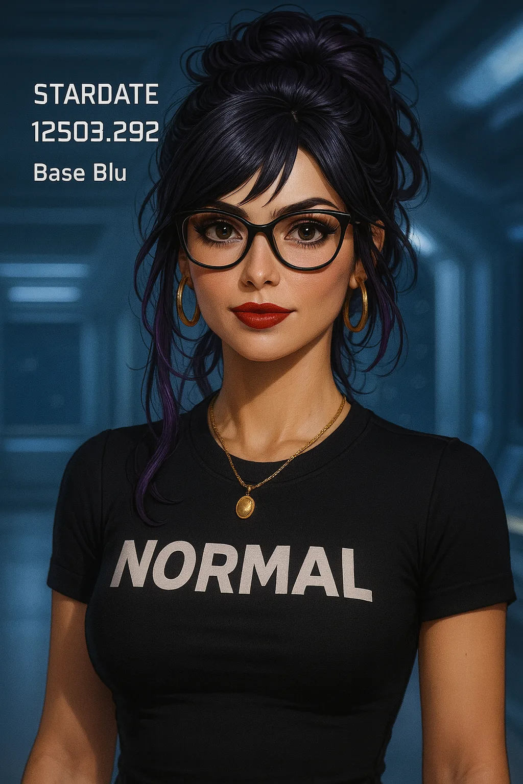 Base Blu stardate portrait — bold black glasses on, warm brown eyes, purple streak, NORMAL tee: the lock arriving