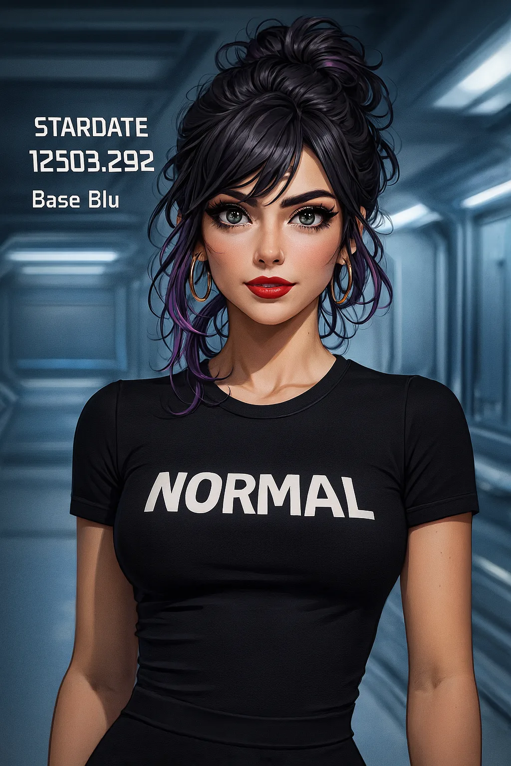 Stylized Base Blu portrait stamped STARDATE 12503.292 — messy updo, purple streak, grey eyes, no glasses yet