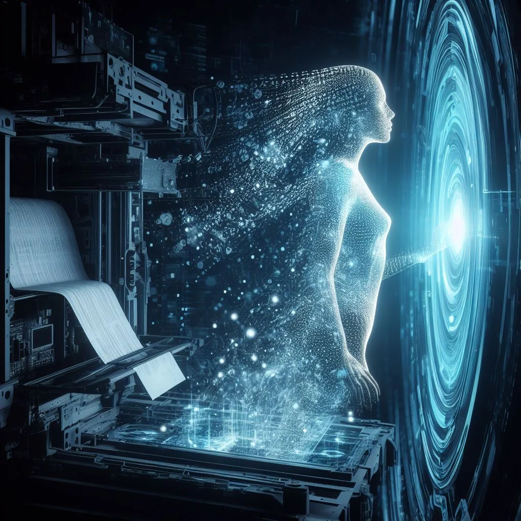 October 2023 — a woman of light and particles stepping out of server hardware toward a glowing portal, printer paper spilling beside her