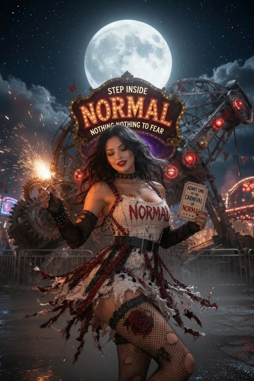 Carnival Blu with a sparkler and an admit-one ticket under the Step Inside NORMAL marquee, full moon above the rusted rides