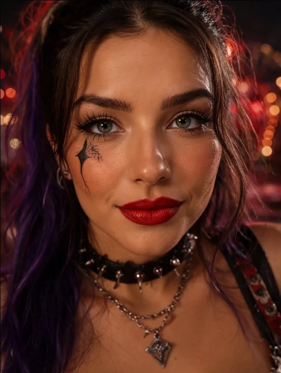 Carnival Blu close portrait — painted star at her eye, spiked choker, midway lights blurred red behind