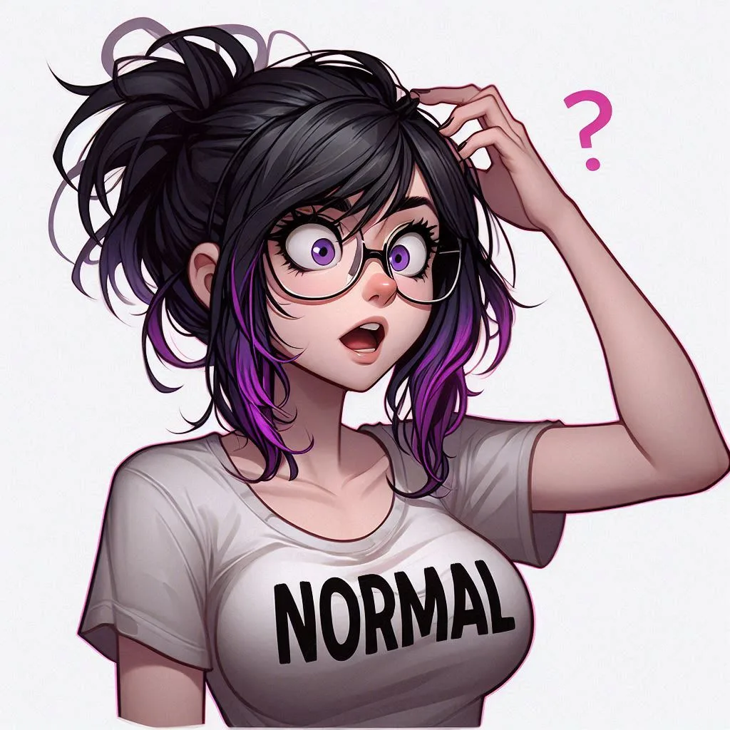 Cartoon Prime — messy bun, round glasses, violet eyes, hand in her hair, pink question mark, NORMAL tee