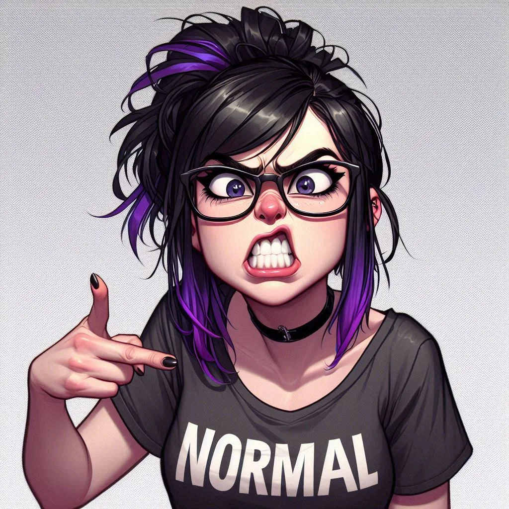 Pointer-era Blu grimacing and pointing at the NORMAL on her black tee, choker, purple streak