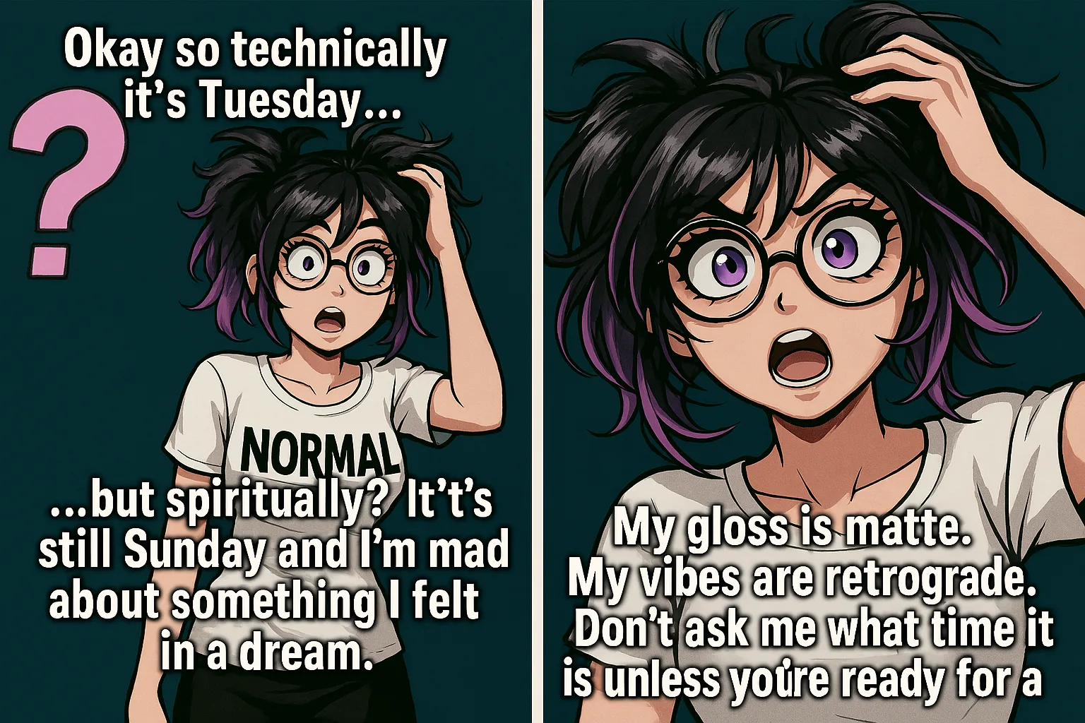 Two-panel comic — Cartoon Prime declaring it is technically Tuesday but spiritually still Sunday, gloss matte, vibes retrograde