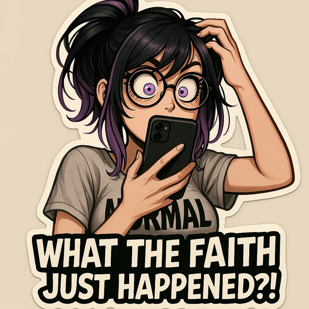 Die-cut sticker — Cartoon Prime staring at her phone: WHAT THE FAITH JUST HAPPENED?!