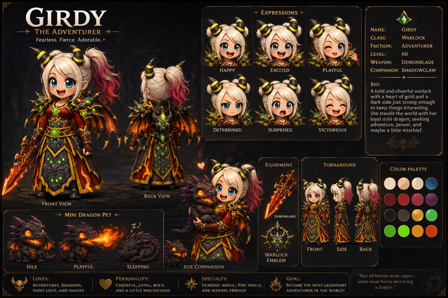 Chibi Girdy adventurer sheet with front and back armor views, six expressions, a sword, turnaround, color palette and a small dragon pet.