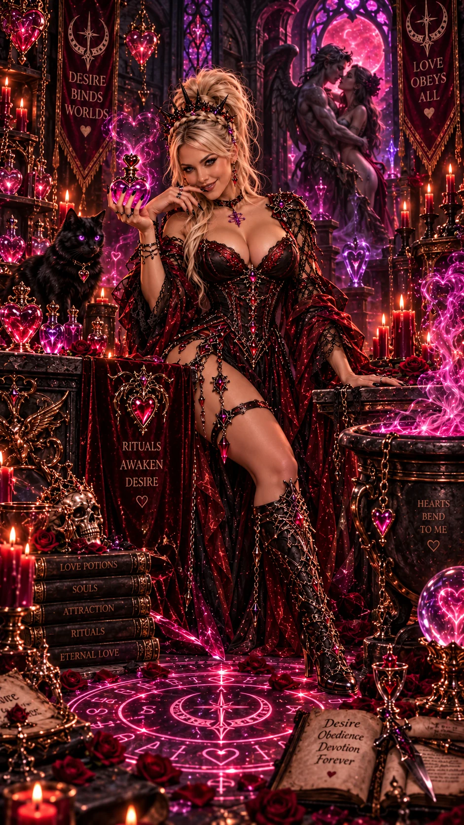 Girdy in red-and-black fantasy attire holding a glowing potion among heart-shaped magic and candles.