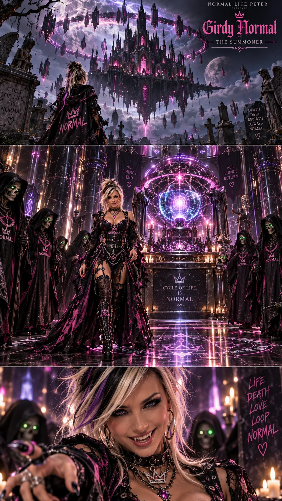 A three-panel Girdy artwork shows a floating castle, a summoning hall and her smiling close-up.