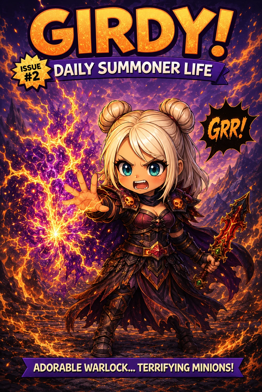 Chibi Girdy in dark warlock armor raises her hand amid purple fire on a Daily Summoner Life comic cover marked Issue 2.