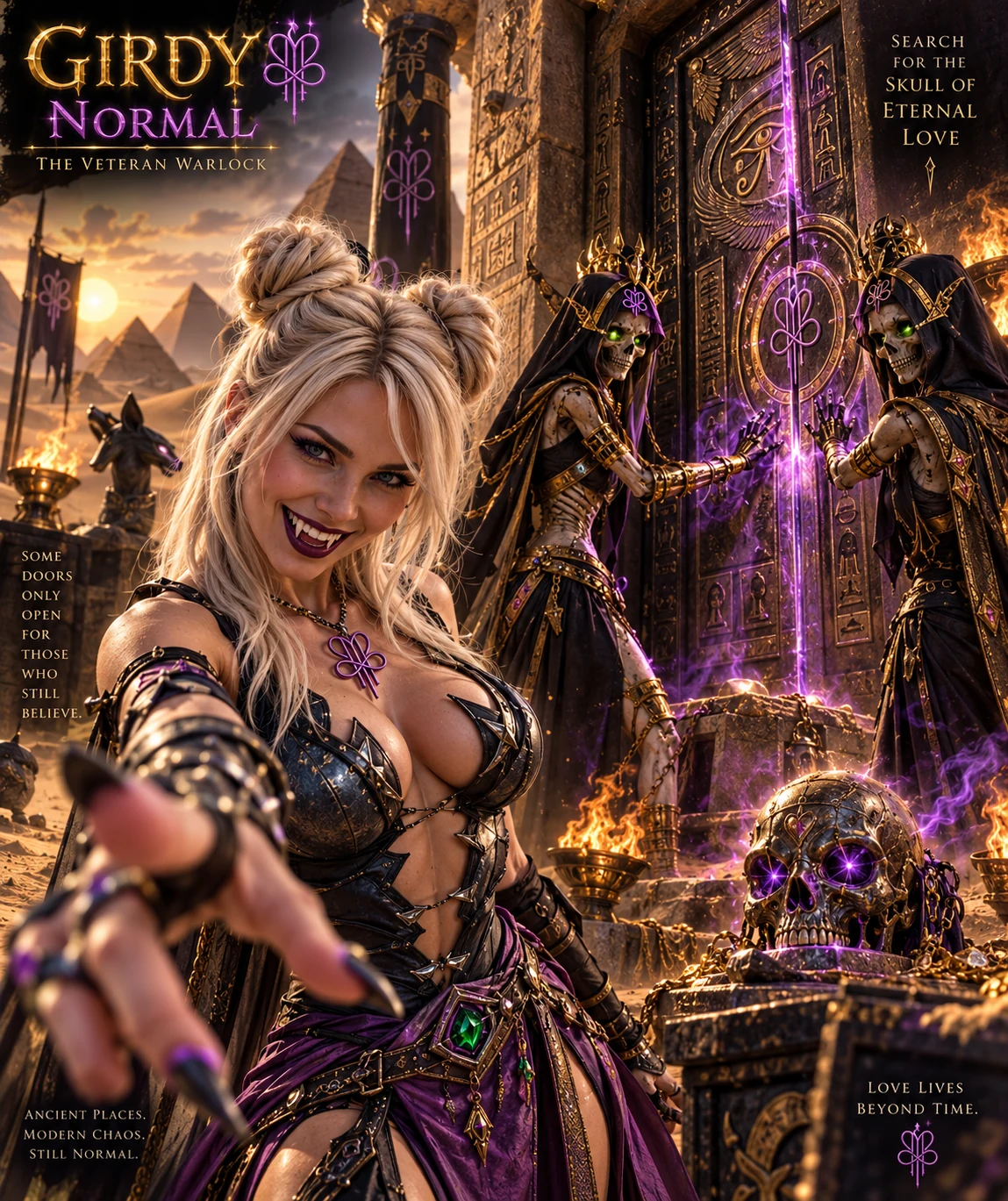 Girdy reaching toward the viewer at an ancient temple beside a jeweled skull and skeletal guardians.
