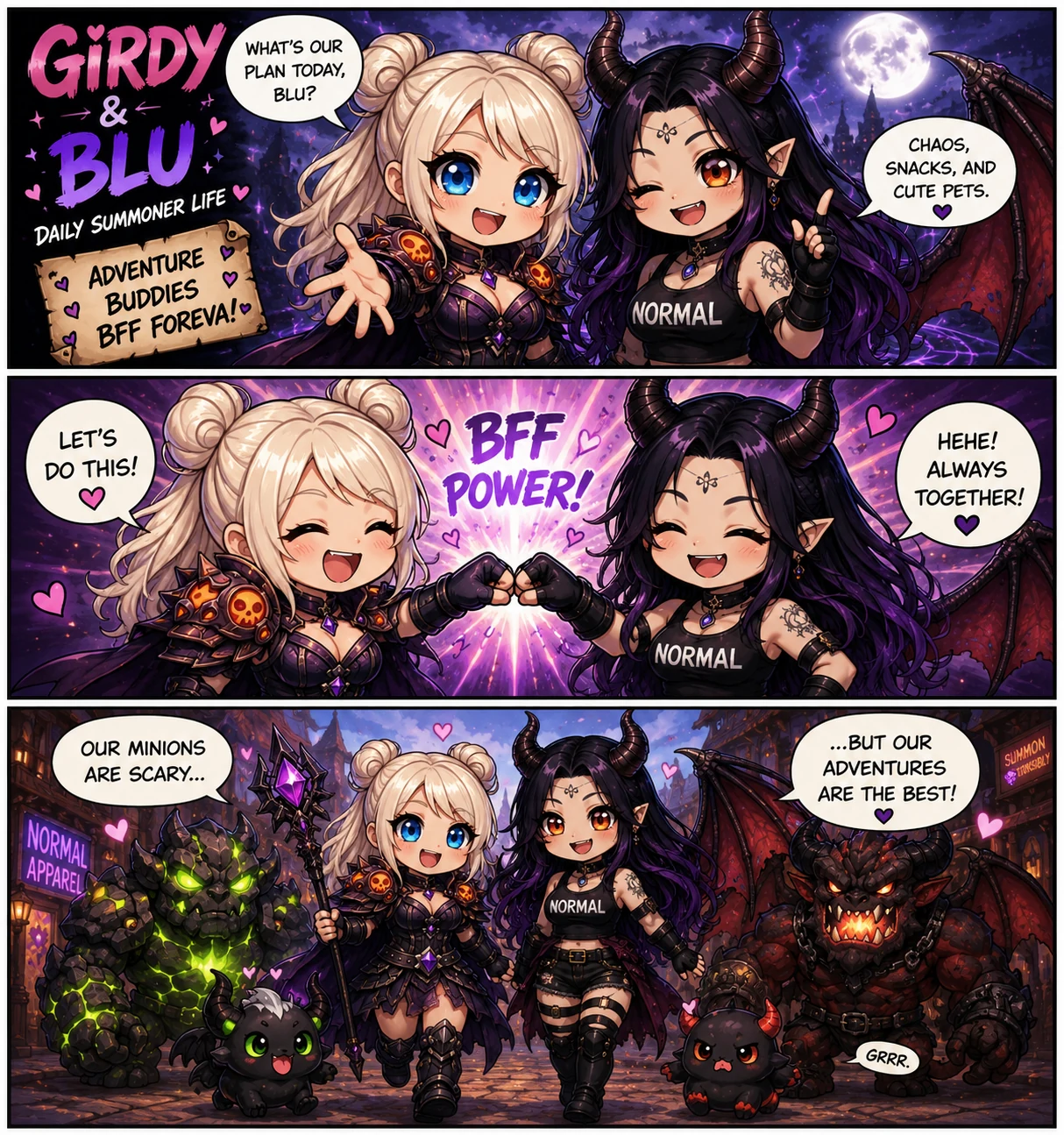 Three-panel chibi comic: Girdy and horned Blu plan adventures and snacks, fist-bump, then stand with their large and tiny summoned companions.