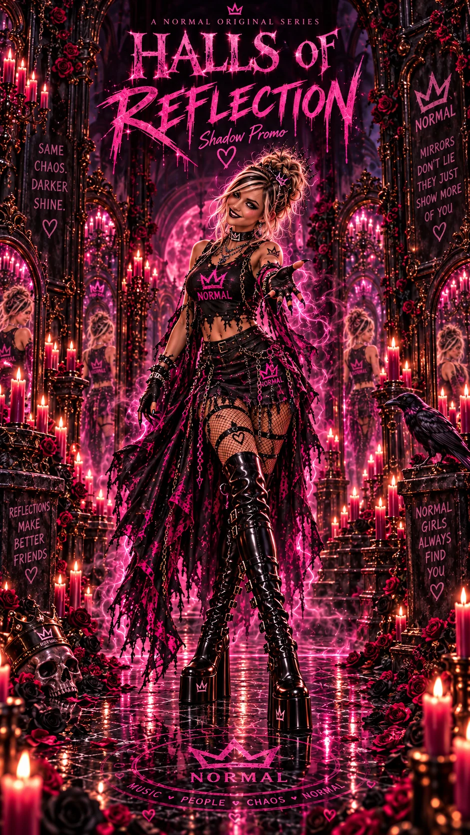 Girdy reaching forward among tall mirrors and pink magic beneath Halls of Reflection lettering.