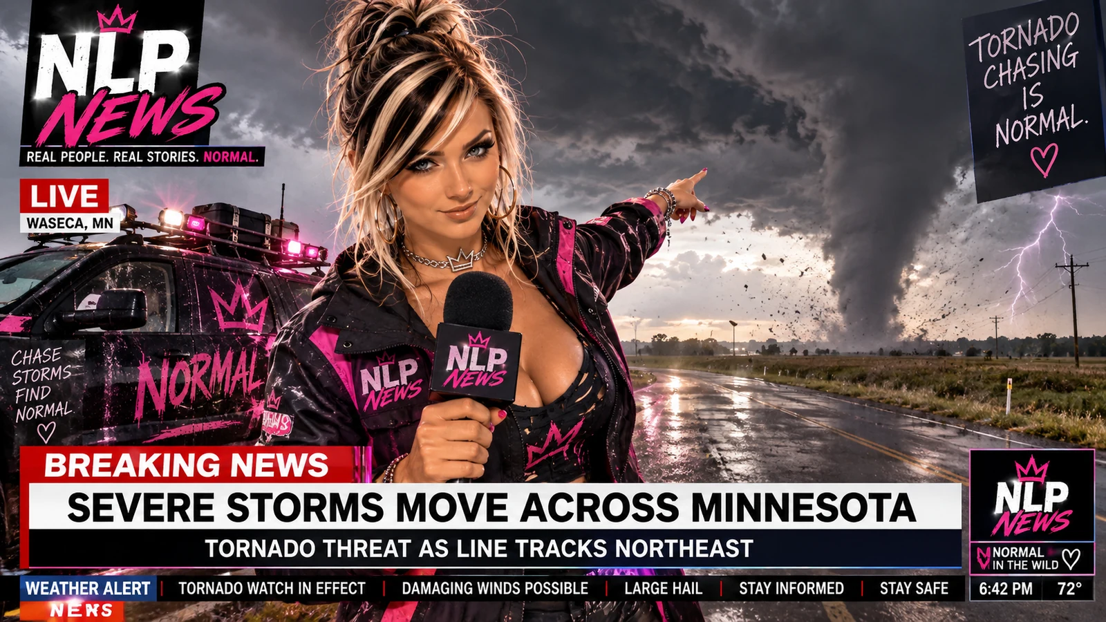 Girdy points toward a tornado beside a news vehicle in a fictional Minnesota storm-reporting scene.