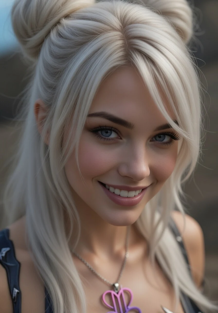 Girdy smiles in a close portrait with silver-white twin buns, loose hair and a purple pendant.