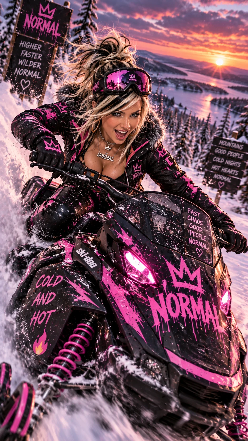 Girdy rides a black-and-pink snowmobile through powder beneath a mountain sunset.
