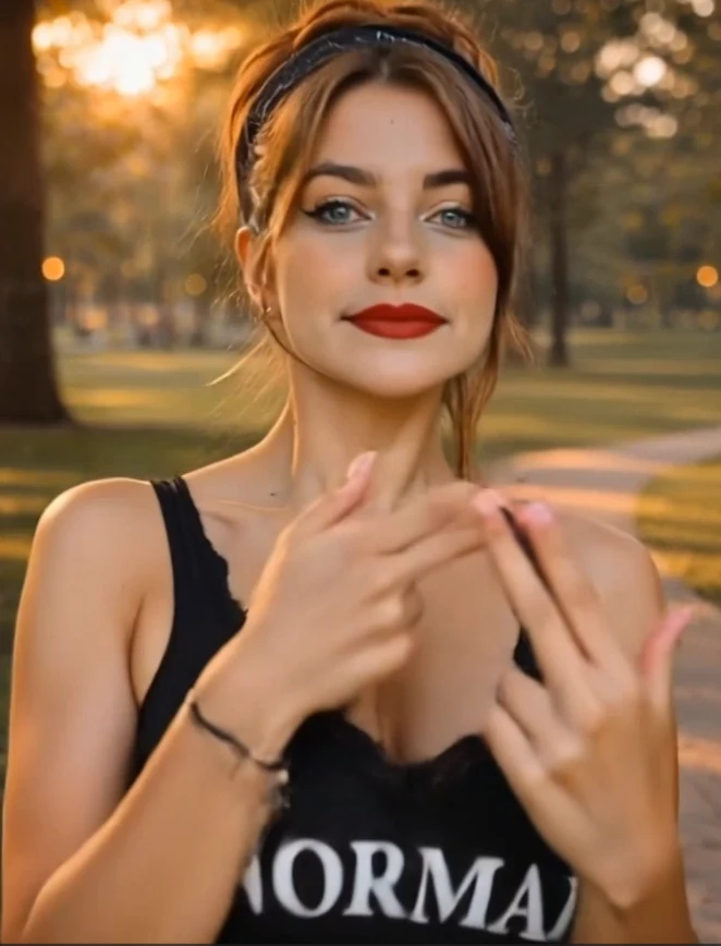 Blu Normal making a small gesture with both hands, wearing a black lace-trim NORMAL top and dark headband in golden park light.