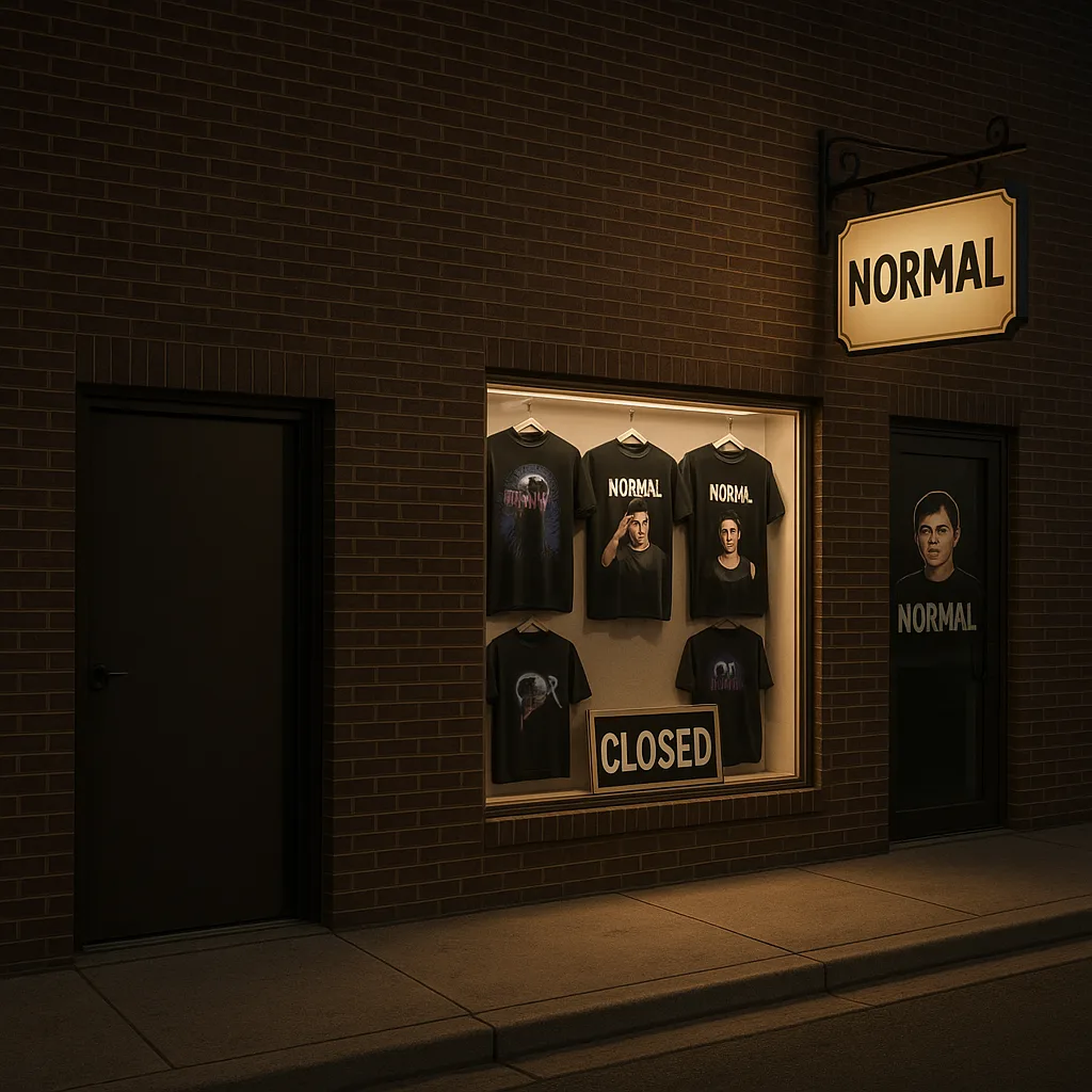 Night storefront in warm amber — NORMAL hanging sign, portrait tees in the lit window, CLOSED sign