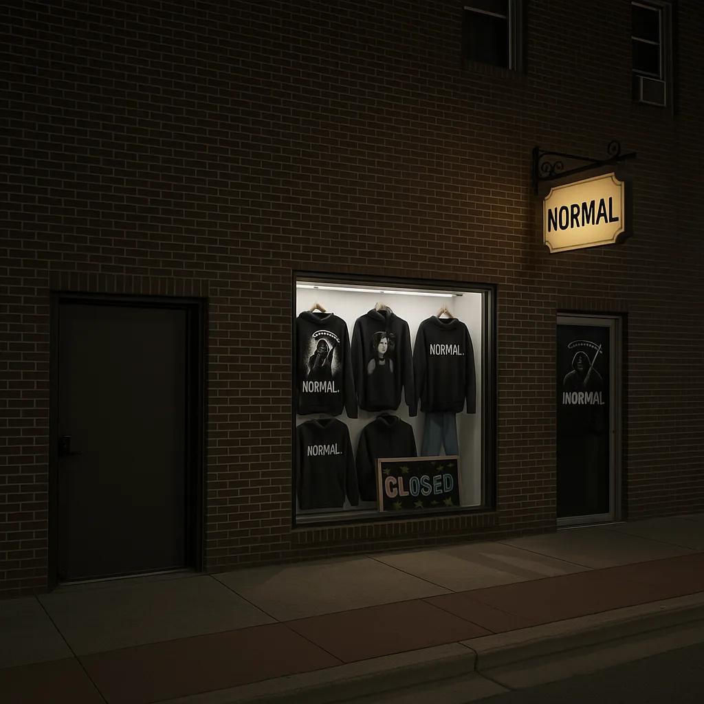 Dark NORMAL boutique at night — black hoodies in the window, hand-chalked rainbow CLOSED sign