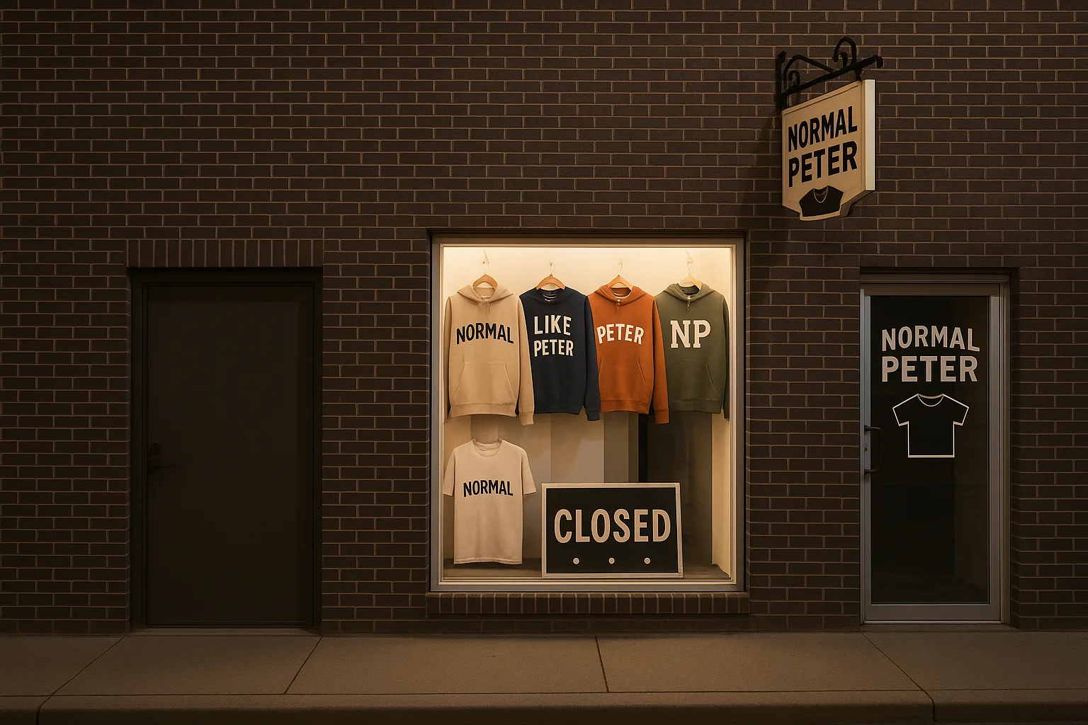 Wide night storefront — the full hoodie line in the window reading NORMAL, LIKE PETER, PETER, NP