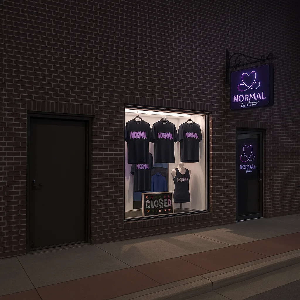 The storefront with graffiti-script NORMAL tees and a neon heart sign, hand-starred CLOSED board