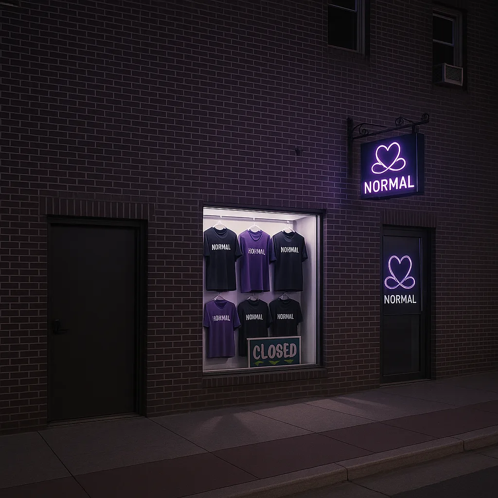 The storefront gone violet — neon infinity-heart NORMAL sign, purple and black tees in the window