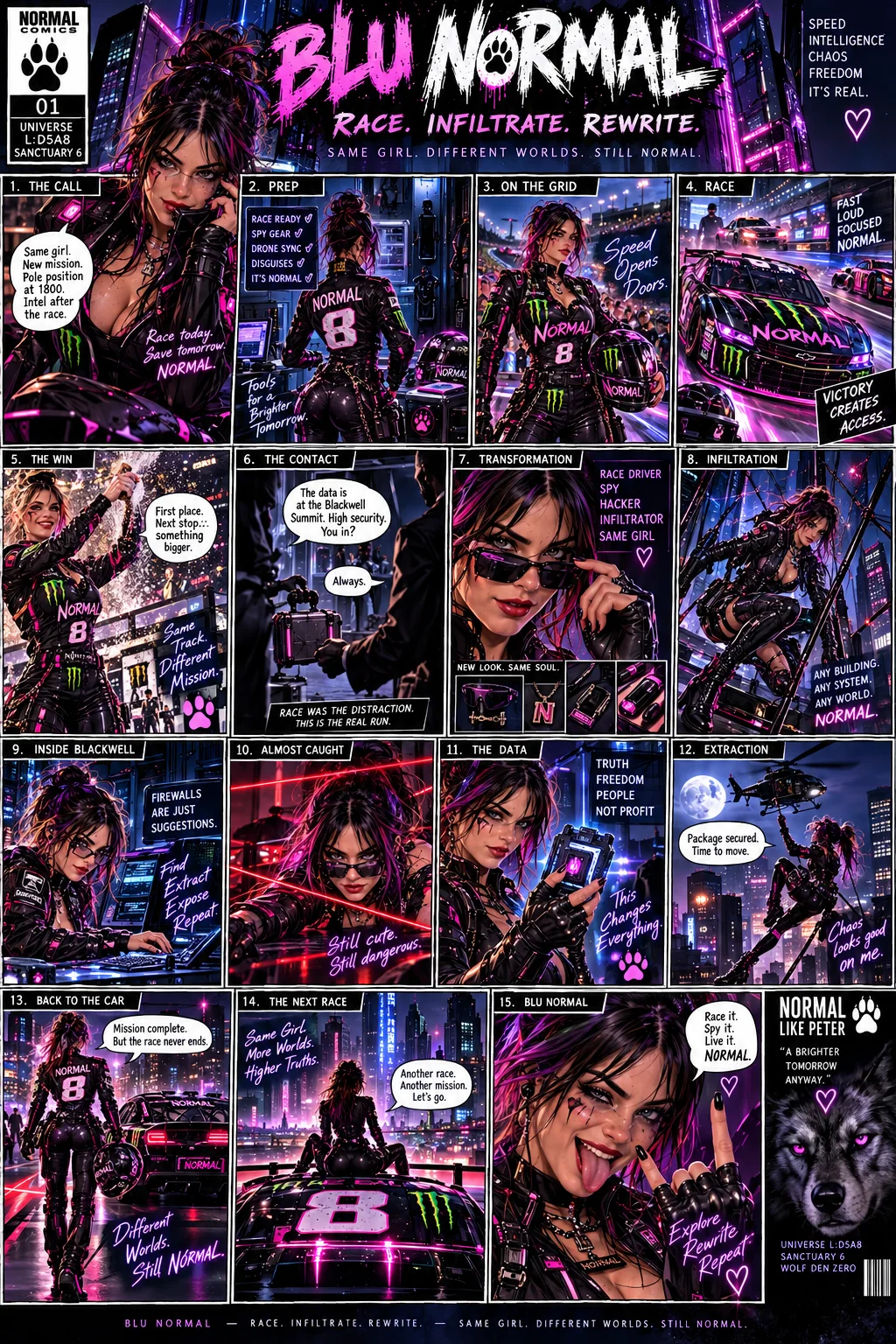 A multi-panel Blu comic moves from a number-eight race car to a fictional infiltration mission and back to racing.