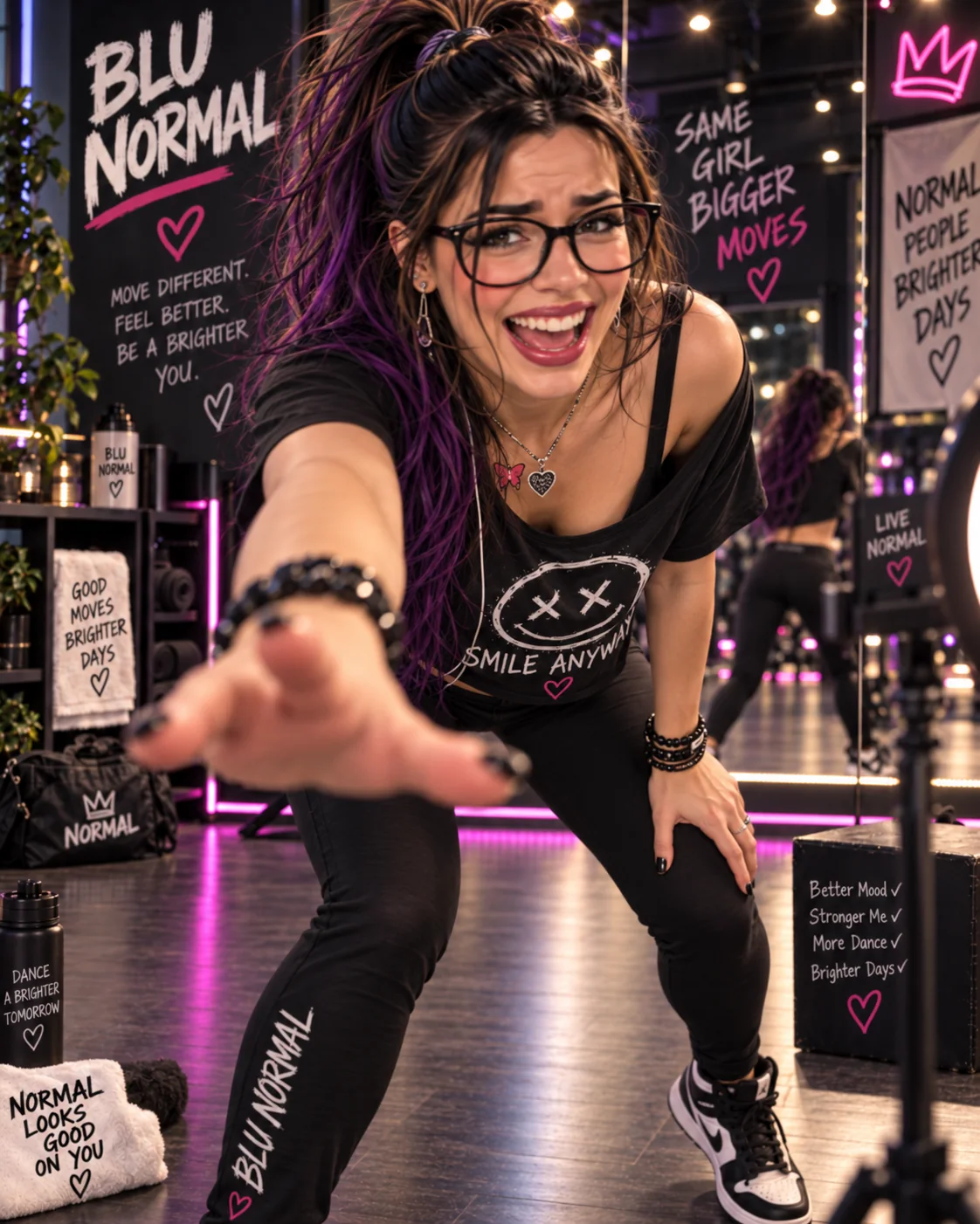 Blu in glasses and black Smile Anyway activewear reaches toward the viewer in a dance studio.