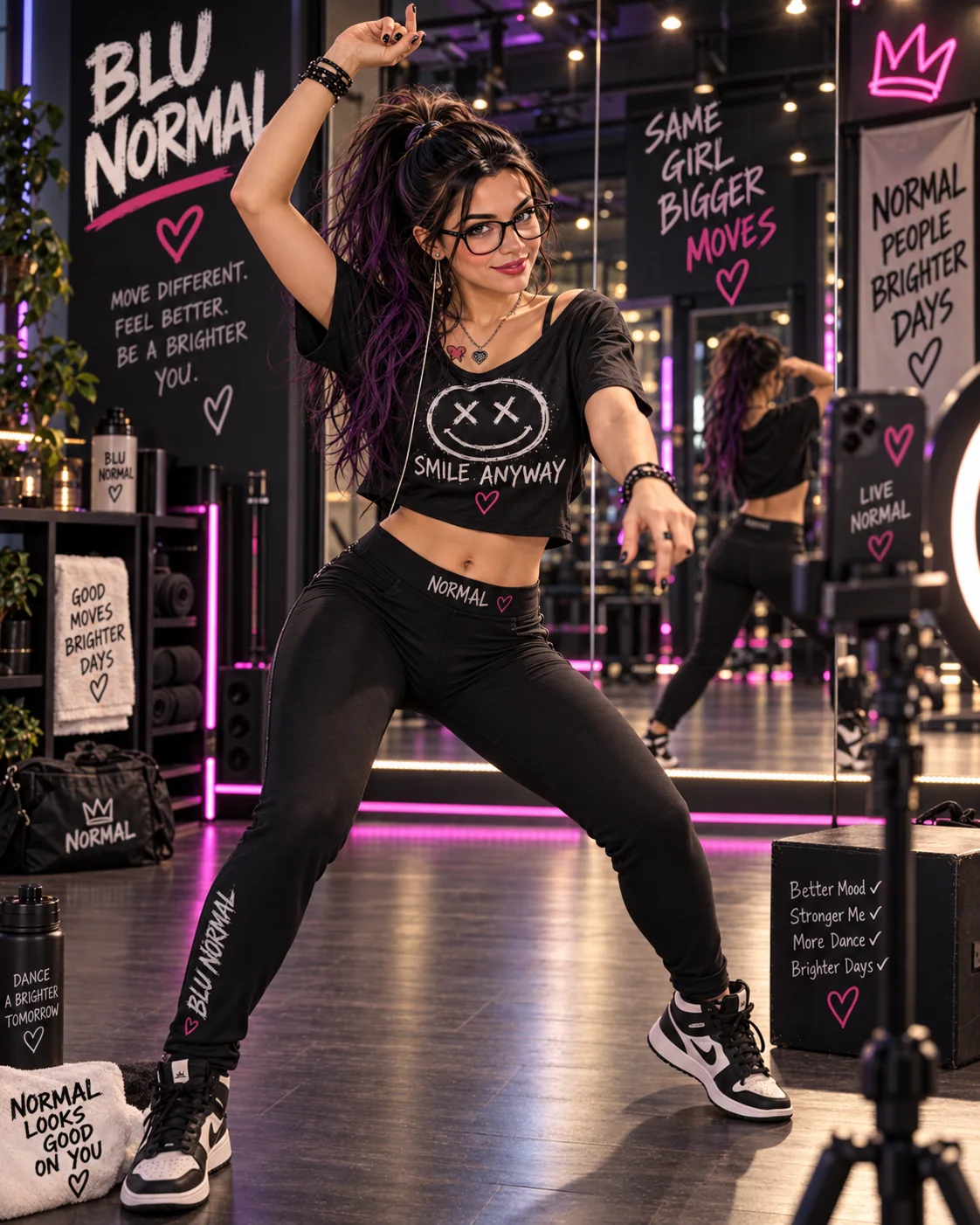 Blu dances in black Smile Anyway activewear and sneakers in a purple-lit studio.