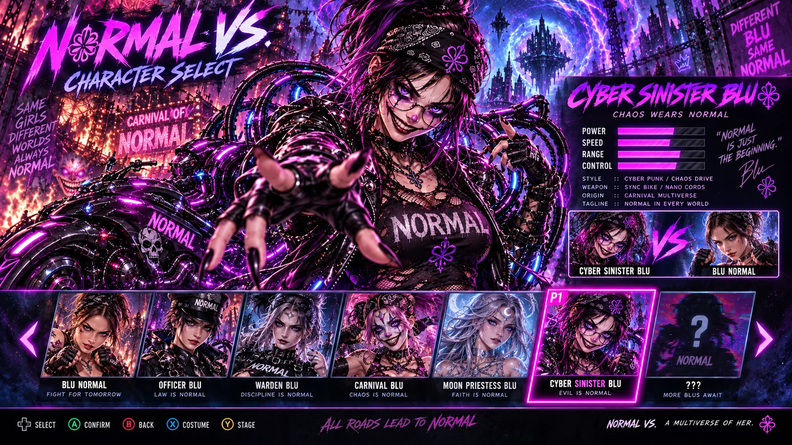 A neon pink and violet game concept presents Cyber Sinister Blu with glasses, dark armor, stat bars, and other character portraits.