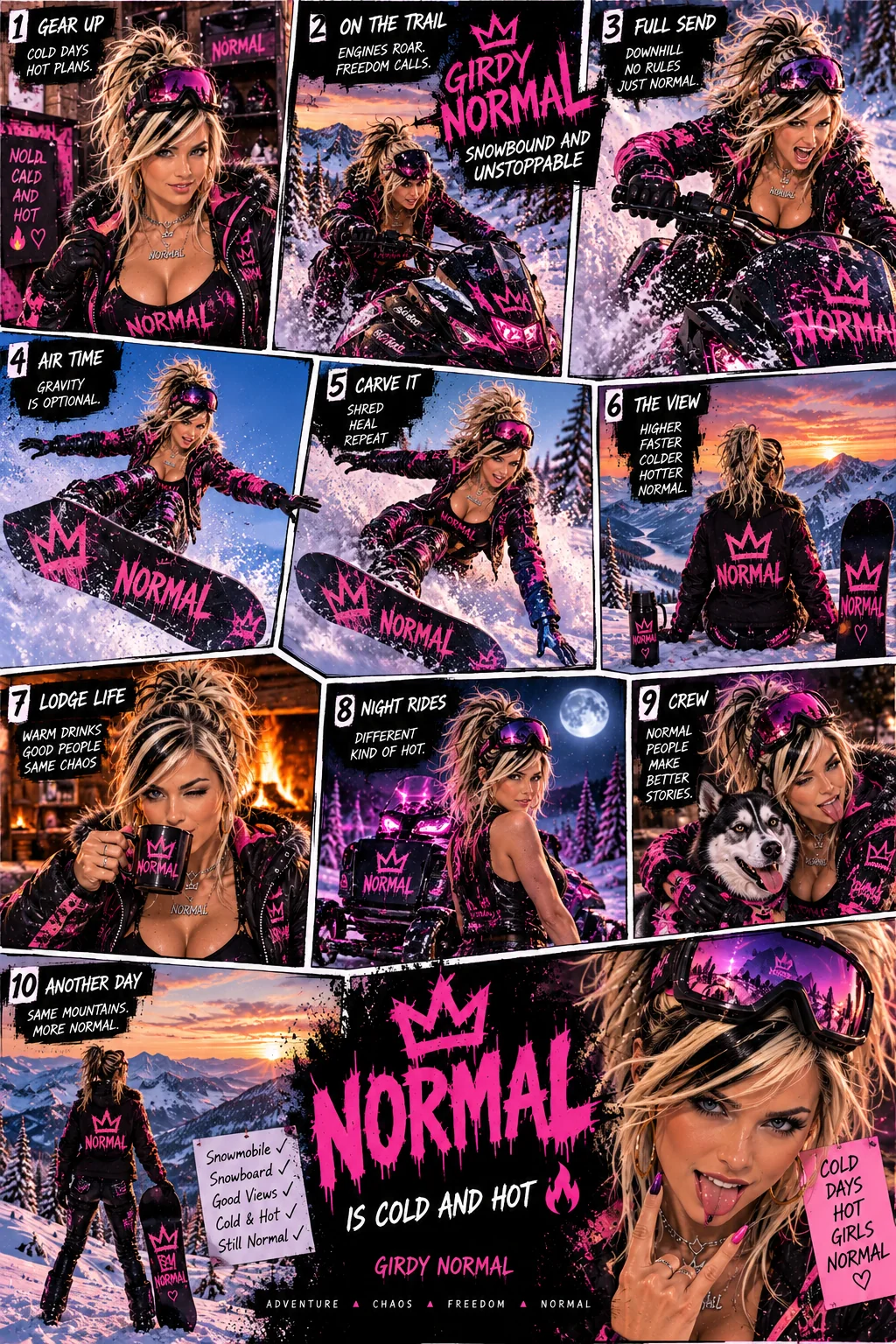 An action comic montage follows Girdy across icy motion, pink magic, and black-and-pink character portraits.