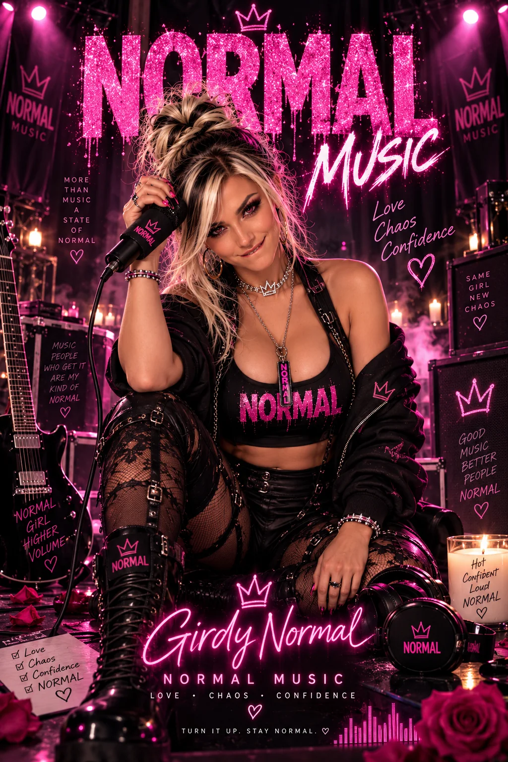 A pink-and-black NORMAL Music poster shows Girdy beside a microphone, wearing headphones and a black NORMAL top.