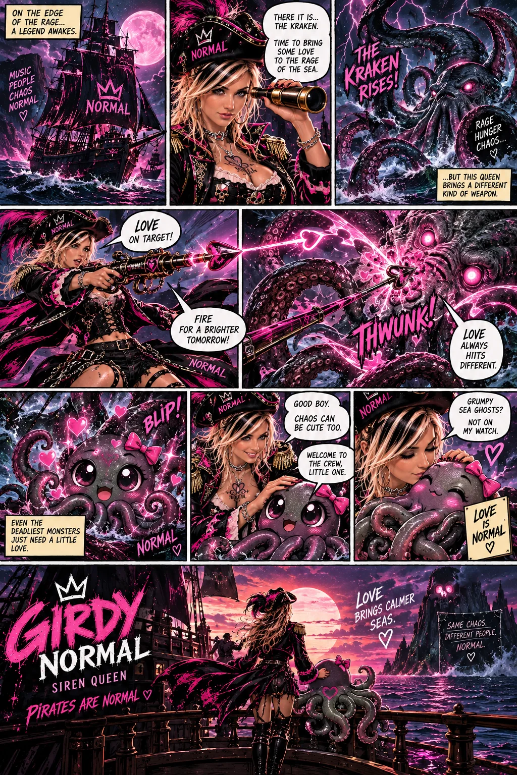 Girdy faces a huge tentacled sea creature in a pink-lit comic, followed by a small smiling kraken companion.