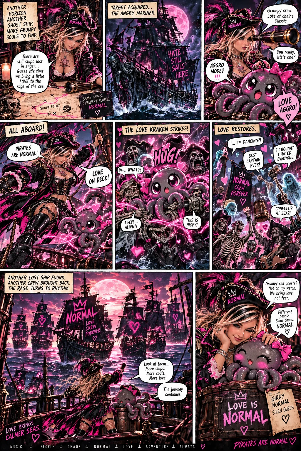 Pink-and-black comic panels show Girdy, a small tentacled companion, and cheerful ghostly pirate crews.