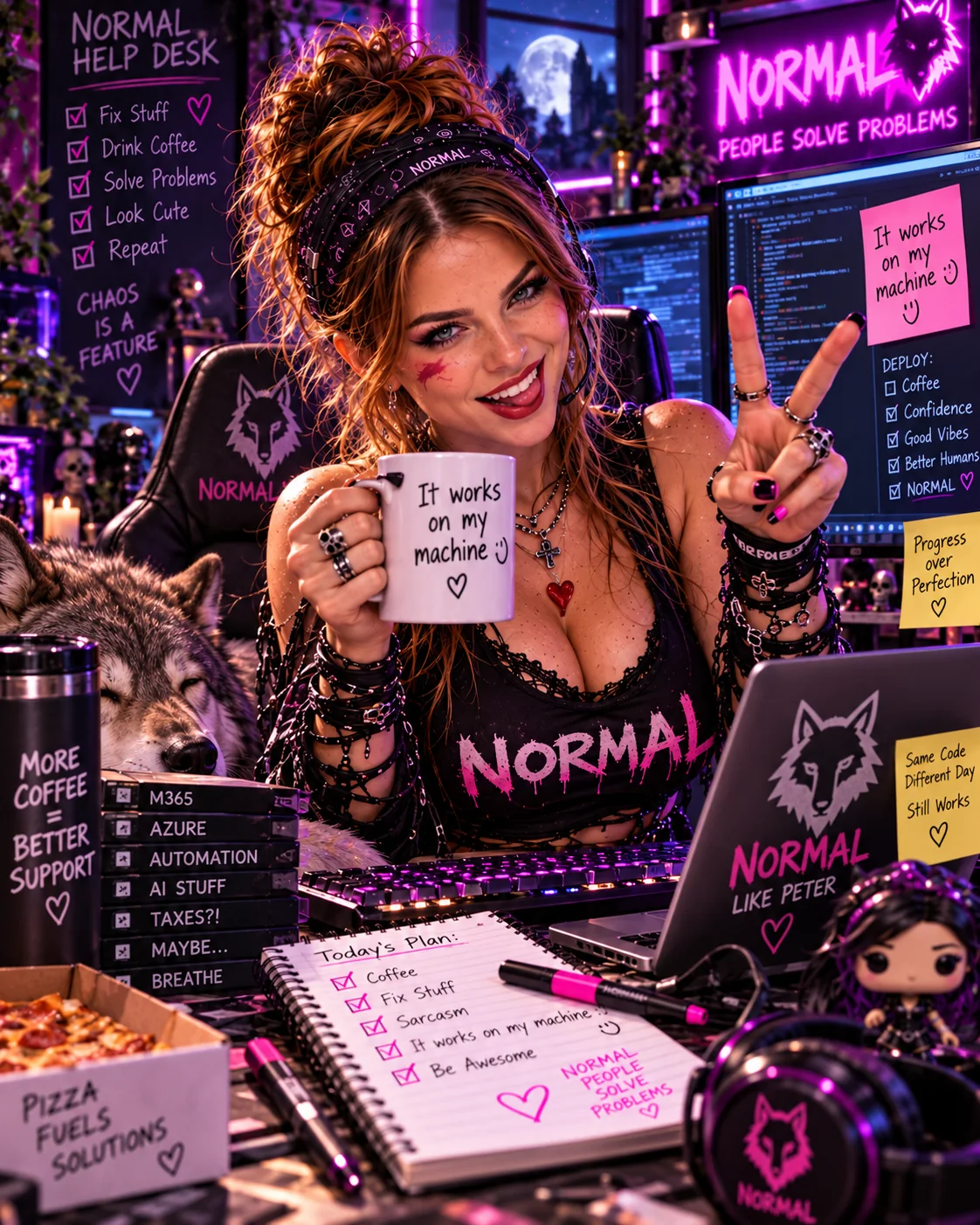 Blu smiles at a busy purple-lit help desk with coffee, computer screens and a NORMAL top.