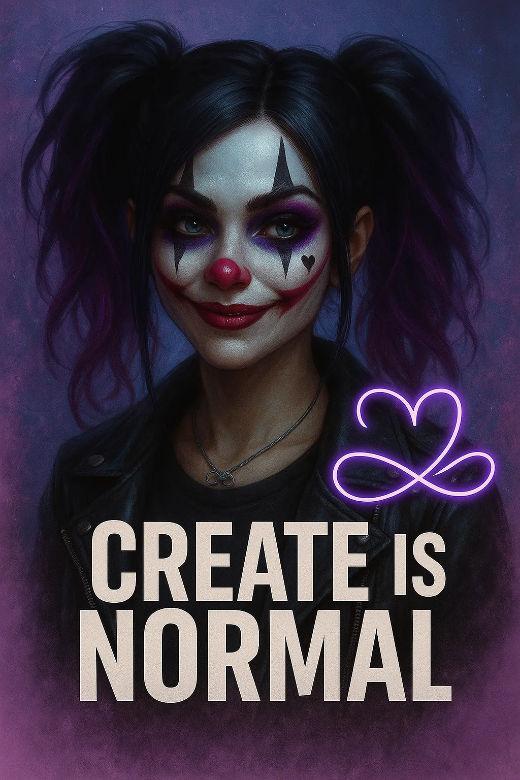 Carnival poster — gothic clown with neon infinity-heart, CREATE IS NORMAL