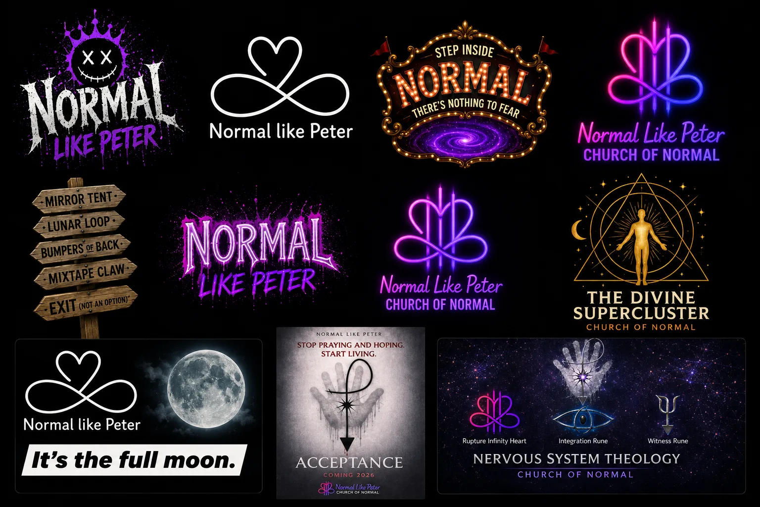 The dark master sheet — eleven marks on black including the carnival marquee, midway signpost, ACCEPTANCE poster, full-moon lockup, and the Nervous System Theology rune row