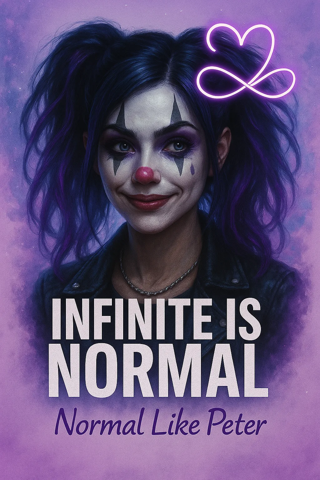 Carnival poster — cosmic clown with neon infinity-heart, INFINITE IS NORMAL, Normal Like Peter