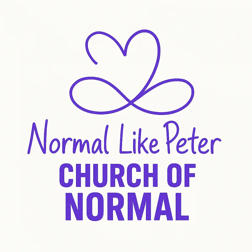 Purple infinity-heart mark above the Normal Like Peter and Church of Normal wordmark on cream
