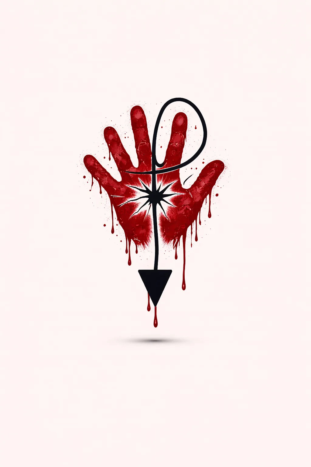 The rupture-hand variant — dripping red handprint with the black loop sigil and starburst