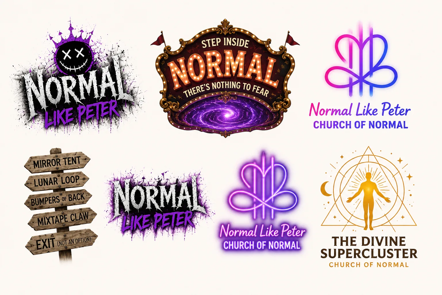 Logo variant board — grunge crown wordmark, the Step Inside NORMAL carnival marquee, gradient and neon lockups, the midway signpost, and the gold Divine SuperCluster
